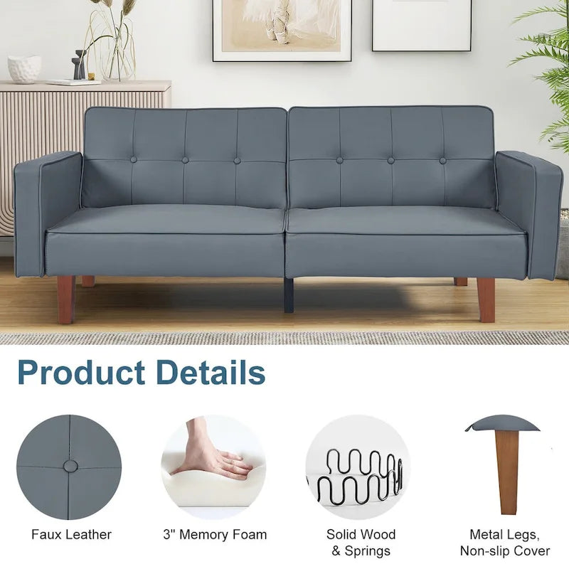 Divano Letto Futon Convertibile con Memory Foam – Schienale Regolabile, Similpelle, 173 cm