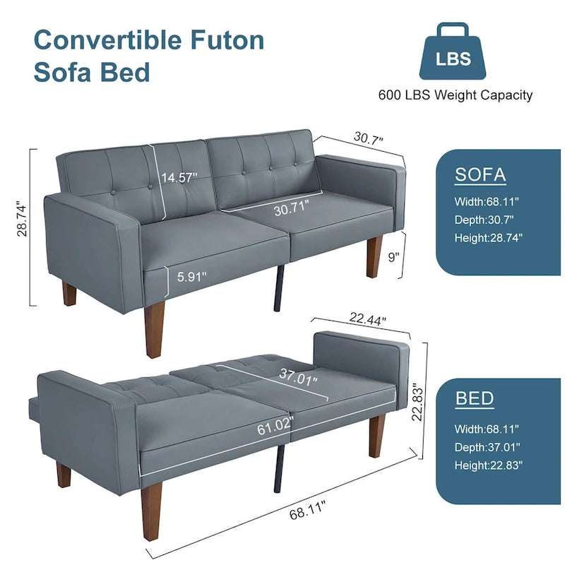 Divano Letto Futon Convertibile con Memory Foam – Schienale Regolabile, Similpelle, 173 cm