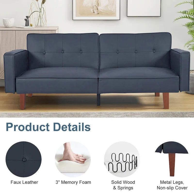 Divano Letto Futon Convertibile con Memory Foam – Schienale Regolabile, Similpelle, 173 cm